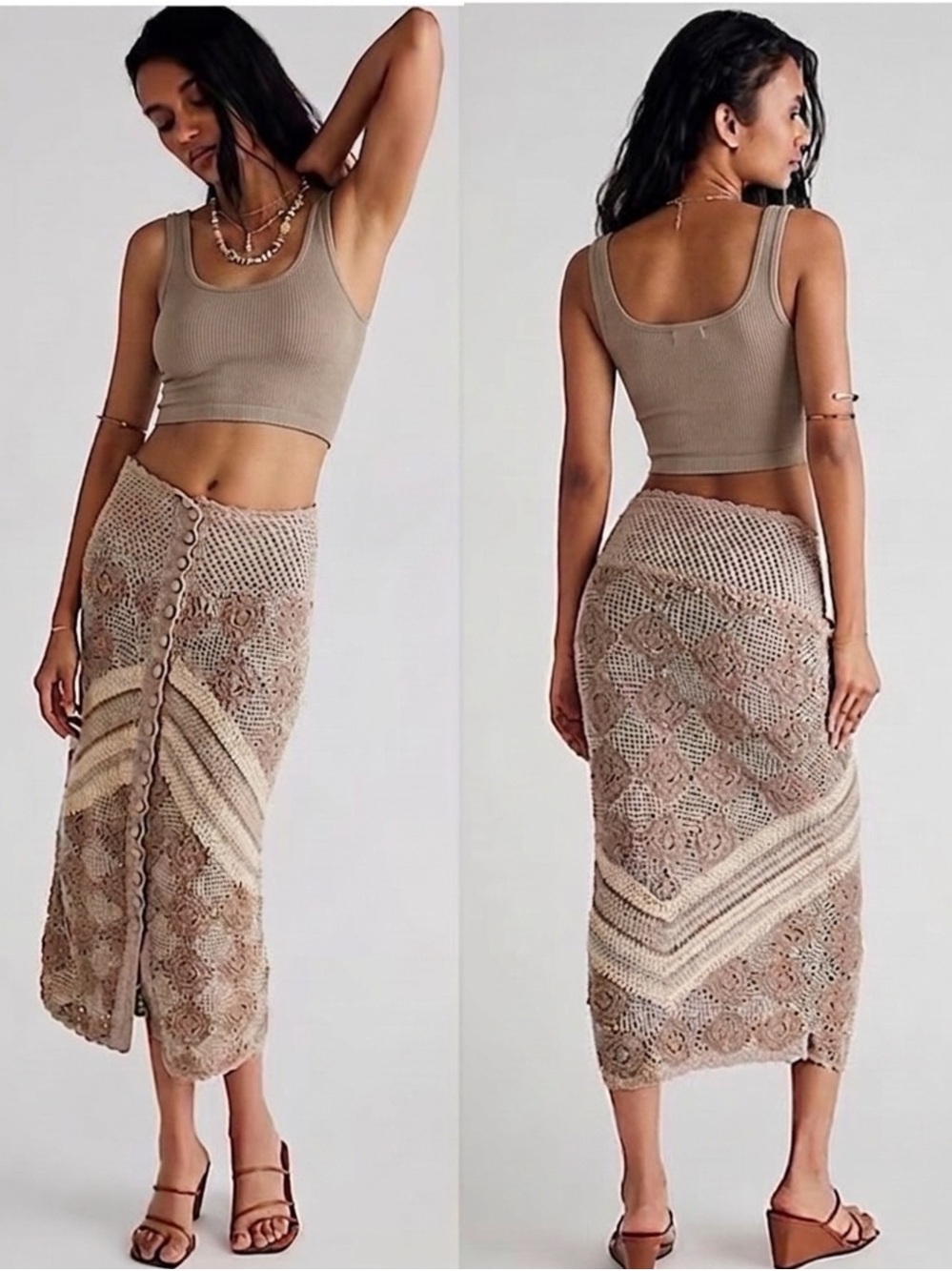 NWT Free People Touch The Sun Crochet Midi Skirt Neutral 
Tan Boho Small